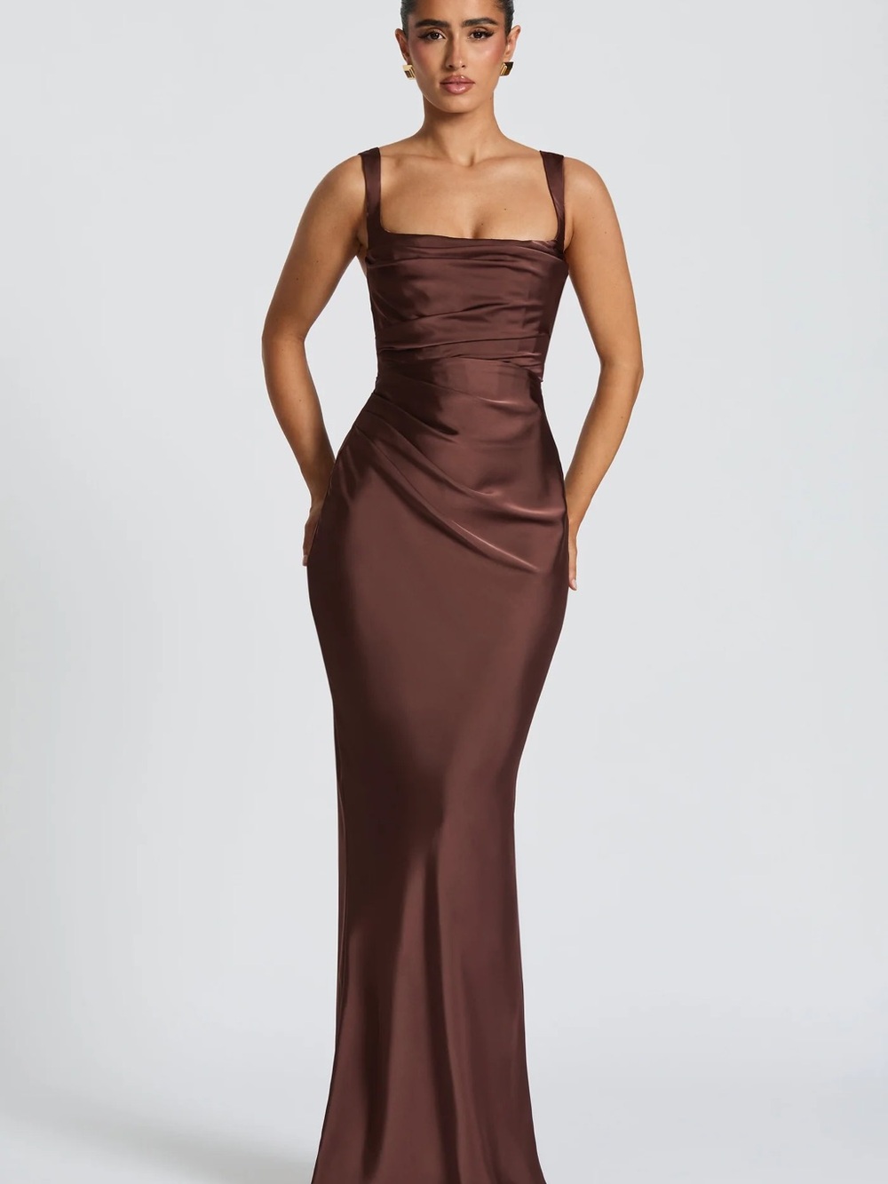 Satin Square-Neck Maxi Dress in Chocolate